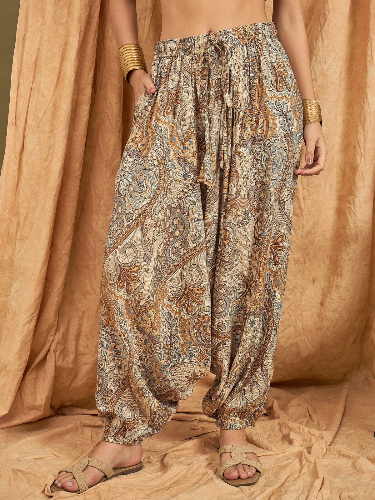 InWeave Beige Paisley Flower Harem Pant | Grocsy