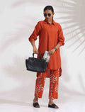 trueBrowns Orange Cotton Solid Shirt Kurta Co-ord Set | Grocsy