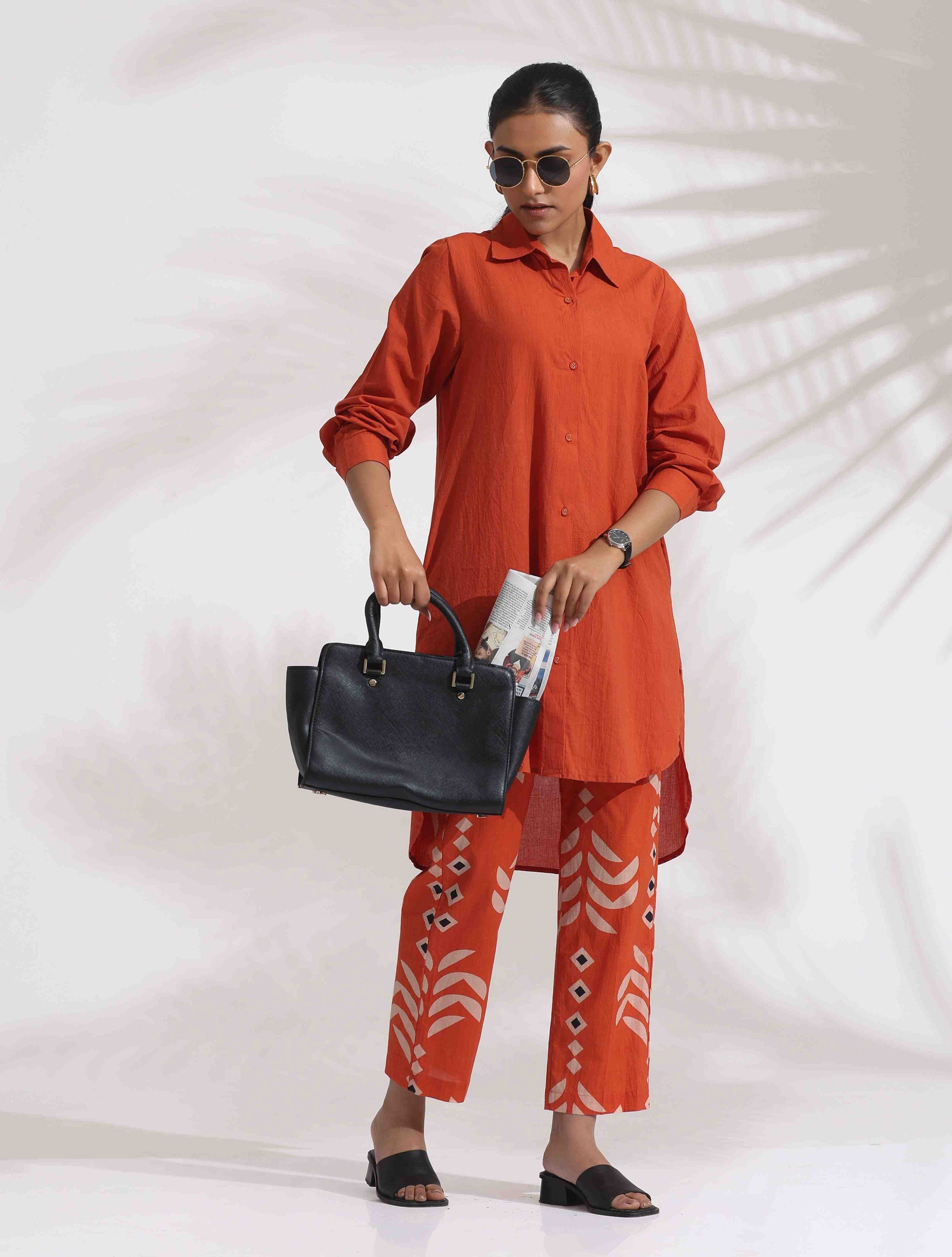 trueBrowns Orange Cotton Solid Shirt Kurta Co-ord Set | Grocsy