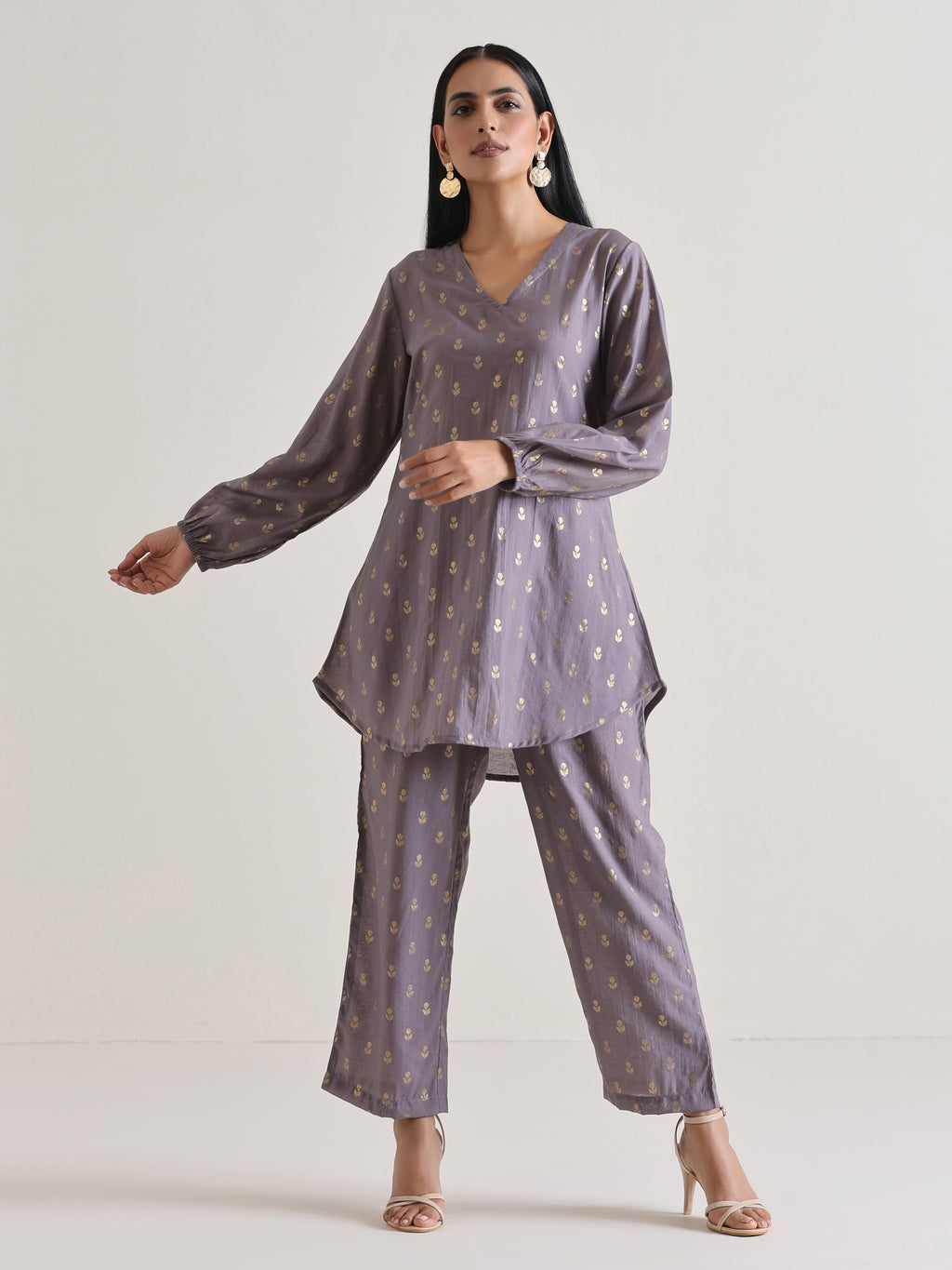trueBrowns Plum Grey Foil Short Co-Ord Set | Grocsy