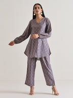 trueBrowns Plum Grey Foil Short Co-Ord Set | Grocsy