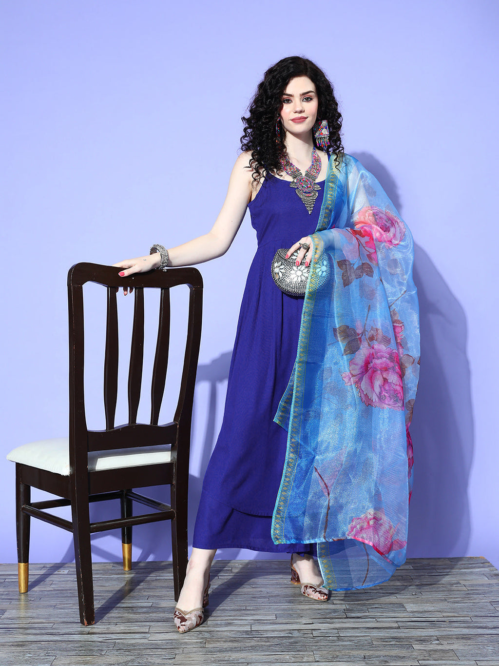 InWeave Women's Strappy Set In Ink Blue With Blue  Fuschia Floral Organza Dupatta | Grocsy
