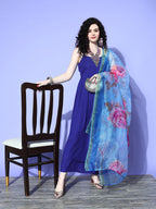 InWeave Women's Strappy Set In Ink Blue With Blue  Fuschia Floral Organza Dupatta | Grocsy
