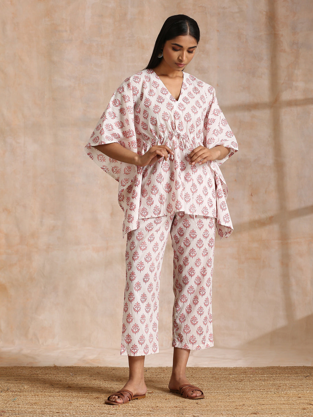 trueBrowns Pink Buta On White Block Print Cotton Kaftan Co-Ord Set | Grocsy