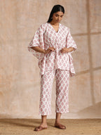 trueBrowns Pink Buta On White Block Print Cotton Kaftan Co-Ord Set | Grocsy