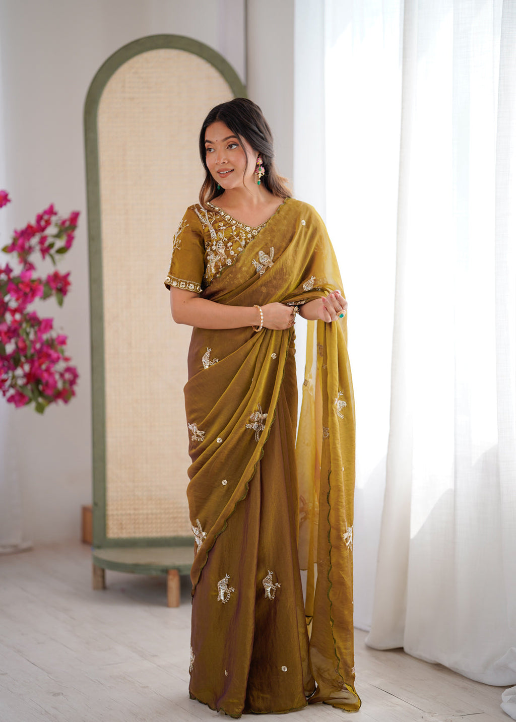 Evanik Mehendi Mos Silk With Handwork Butterfly Design Saree With Unstitched Blouse | Grocsy