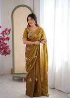 Evanik Mehendi Mos Silk With Handwork Butterfly Design Saree With Unstitched Blouse | Grocsy