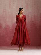trueBrowns Maroon Cotton Dobby Kurta Set | Grocsy