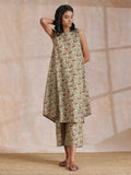 trueBrowns Beige Overall Brown Floral Block Print Cotton High-Low Co-Ord Set | Grocsy