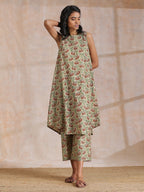 trueBrowns Beige Overall Brown Floral Block Print Cotton High-Low Co-Ord Set | Grocsy