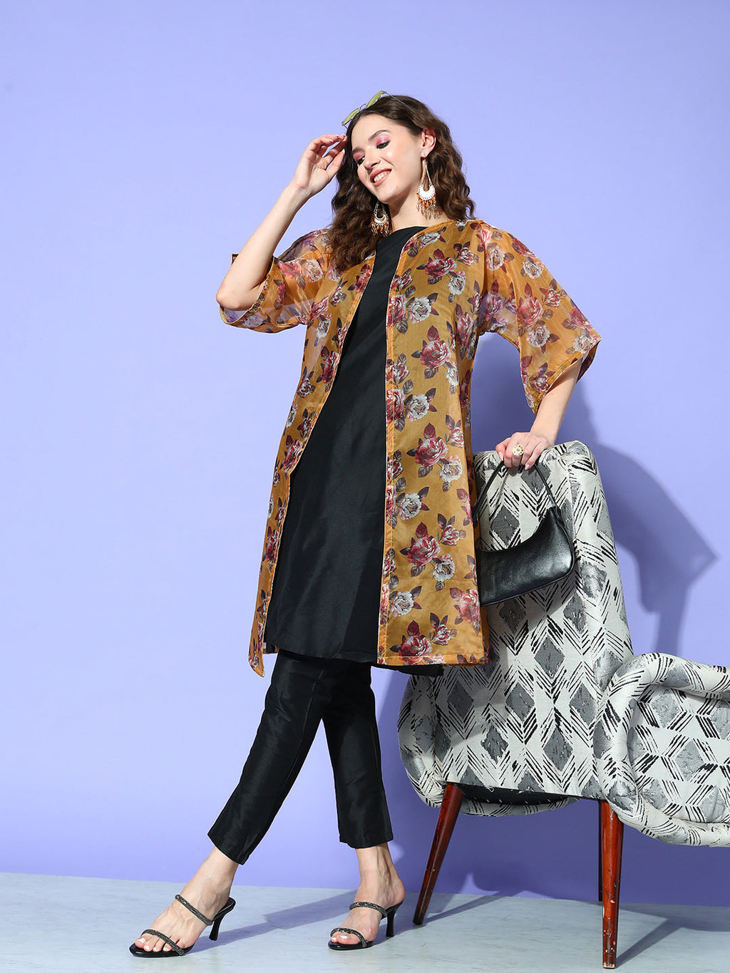 InWeave Women's Camel Brown White Rose Chintz Organza Cape | Grocsy