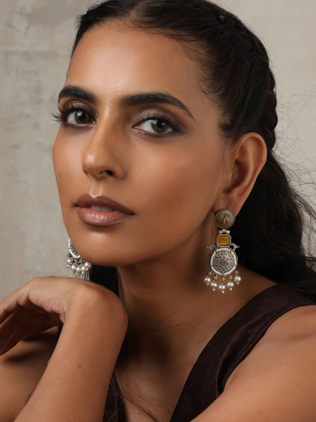 trueBrowns Silver Gold Tone Meenakari Pearl Drop Earrings | Grocsy