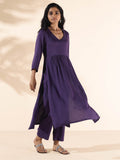 trueBrowns Purple Viscose Dobby Slit Kurta Pant Set | Grocsy