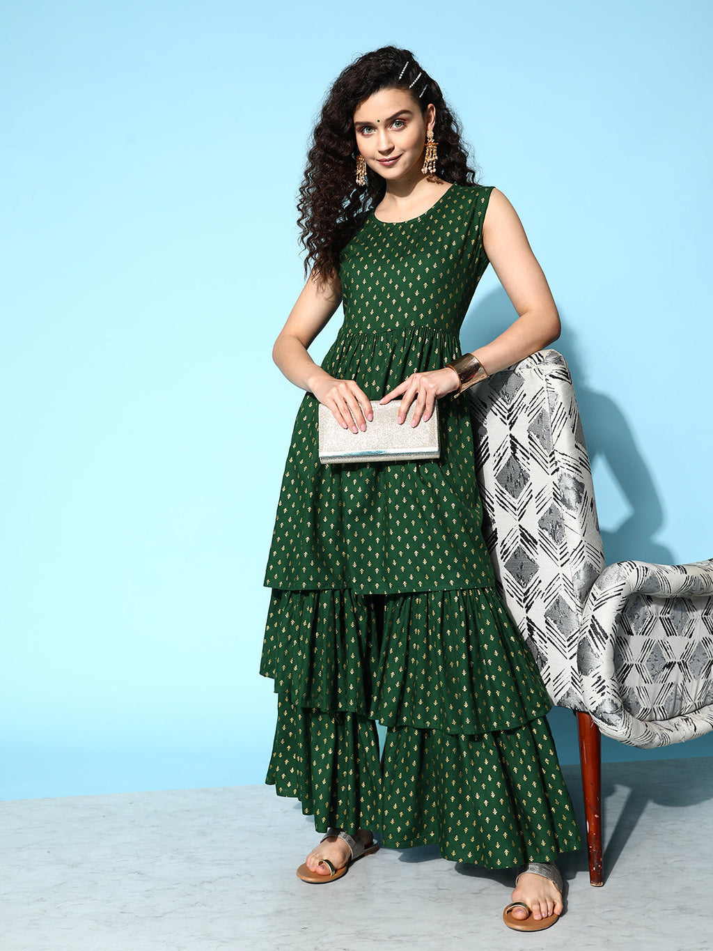 InWeave Women's Forest Green Gold Print Tiered Sharara Set | Grocsy
