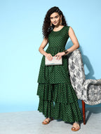 InWeave Women's Forest Green Gold Print Tiered Sharara Set | Grocsy