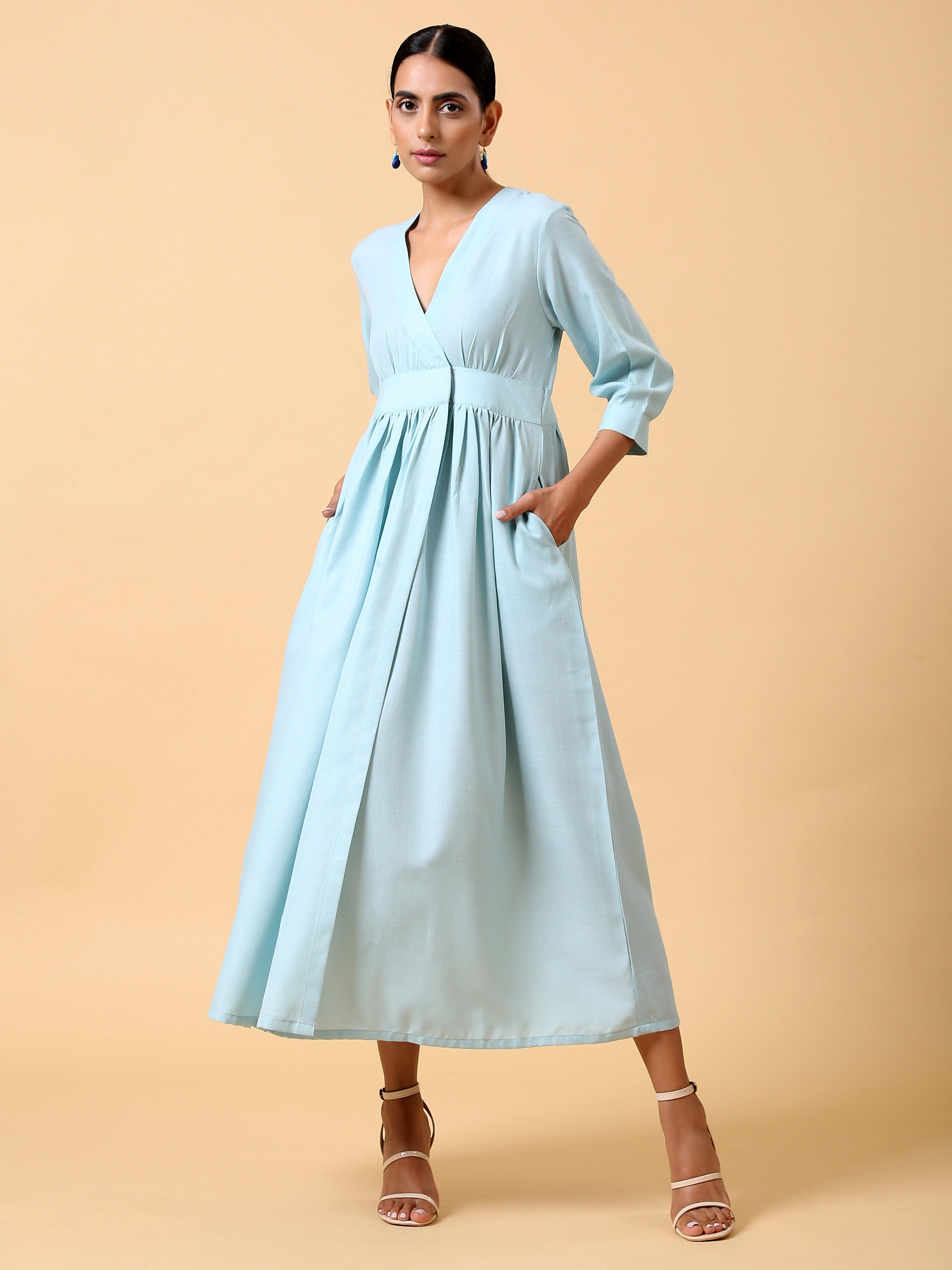 trueBrowns Cotton Linen Light Blue Wrap Dress | Grocsy