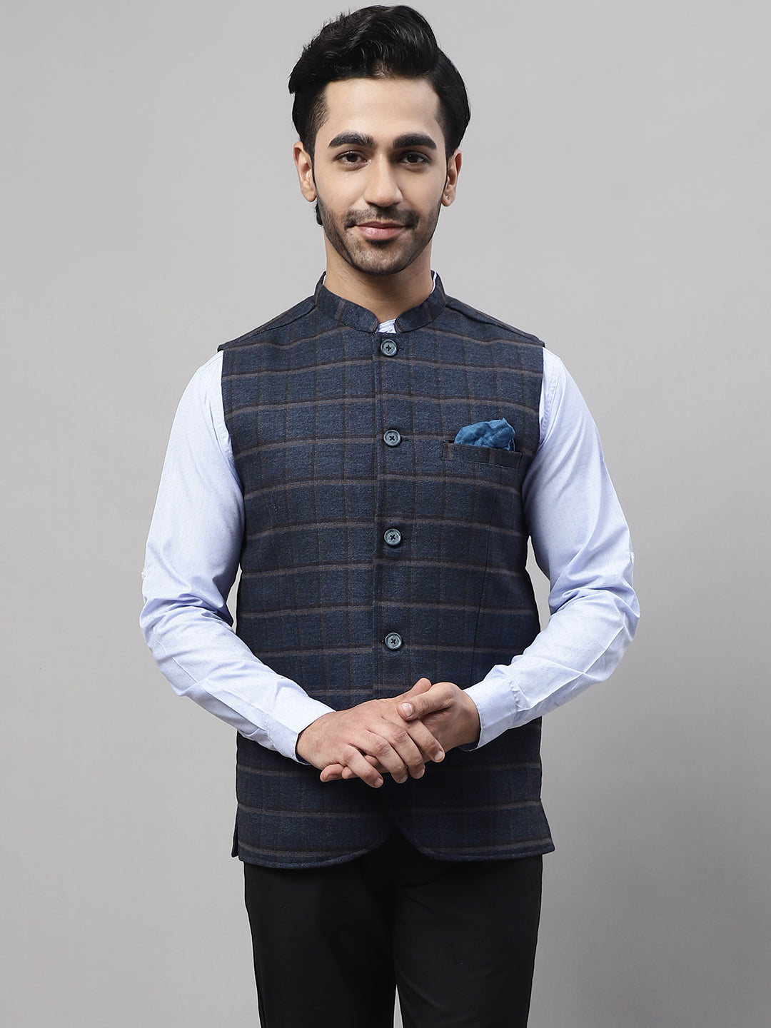 Even Apparels Men's Blue Nehru Jacket With Welt Pockets | Grocsy