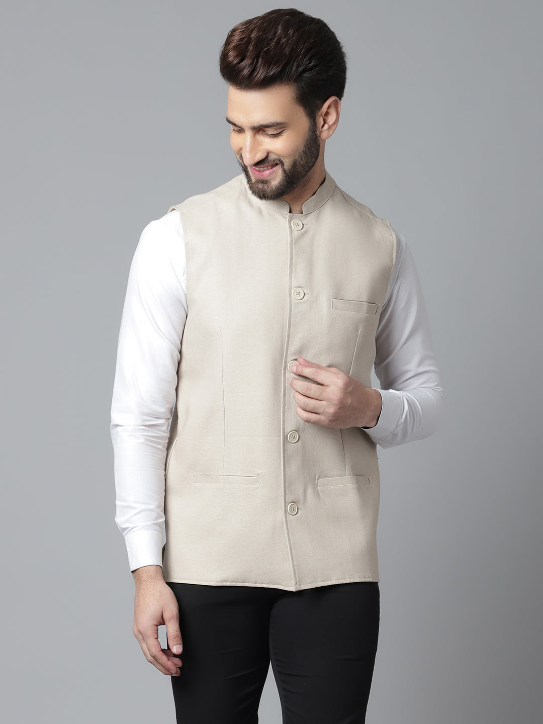 Even Apparels Men's Cream Nehru Jacket With Welt Pockets | Grocsy