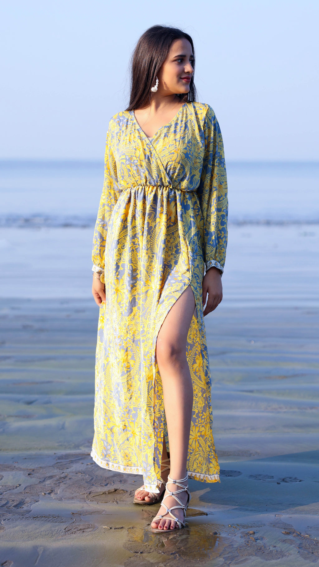 Noroke Vintage Crepe Yellow Vintage Printed Long Dress | Grocsy