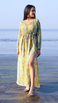 Noroke Vintage Crepe Yellow Vintage Printed Long Dress | Grocsy