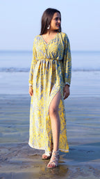 Noroke Vintage Crepe Yellow Vintage Printed Long Dress | Grocsy