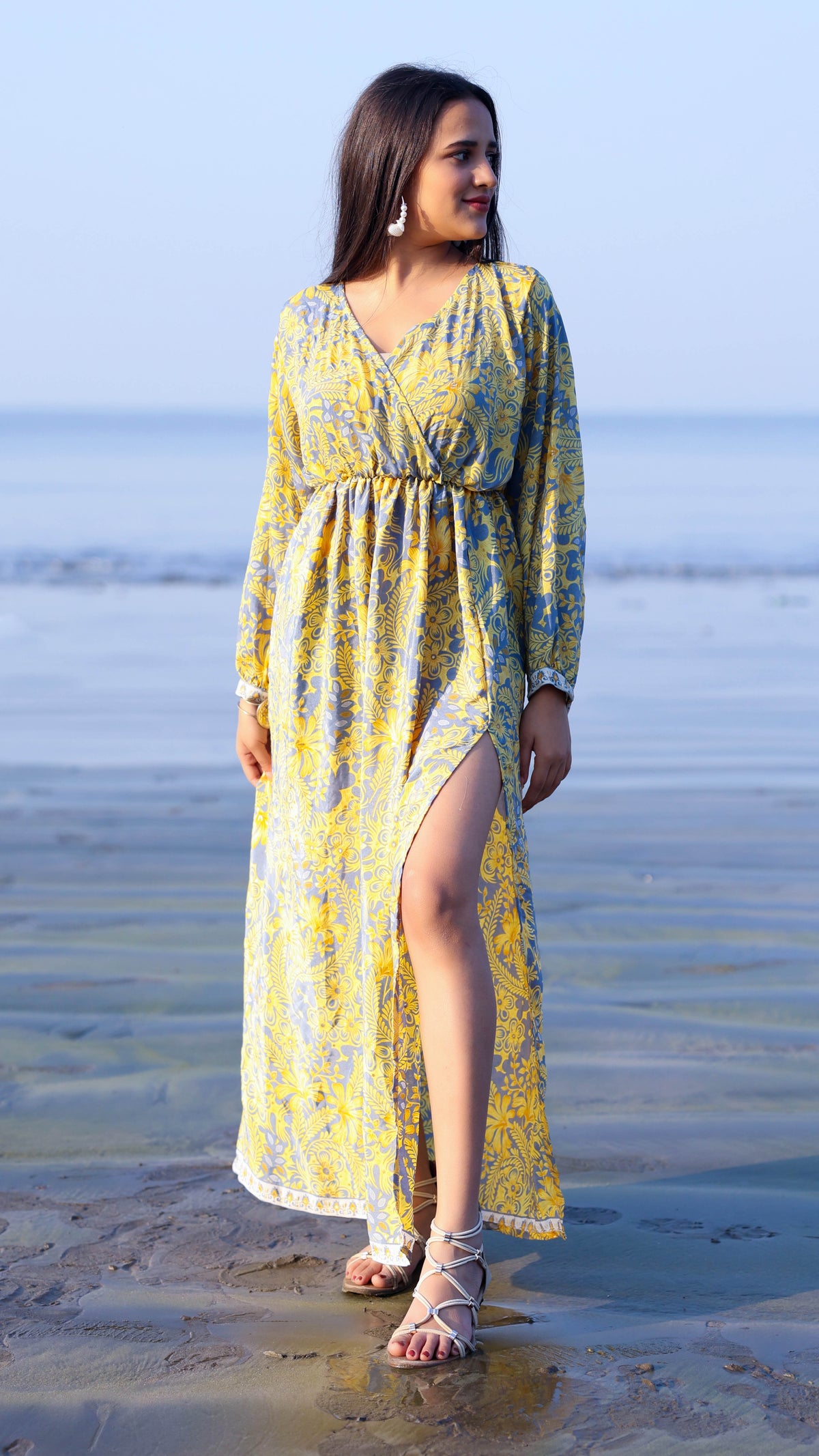 Noroke Vintage Crepe Yellow Vintage Printed Long Dress | Grocsy