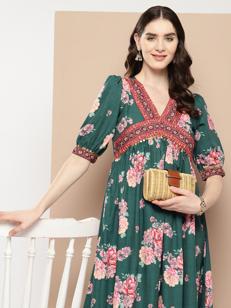 Ahalyaa Women Floral Printed Empire Ethnic Dress | Grocsy