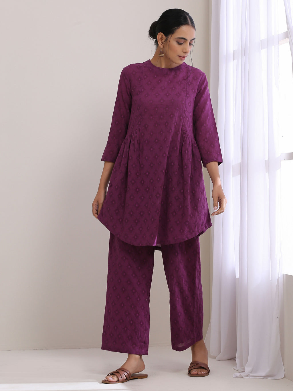trueBrowns Plum Purple Dobby Gathers Co-Ord Set | Grocsy