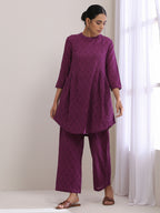 trueBrowns Plum Purple Dobby Gathers Co-Ord Set | Grocsy