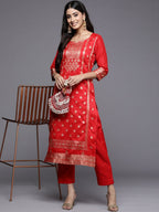 Ahalyaa Women Red Ethnic Motifs Kurta with Trousers | Grocsy