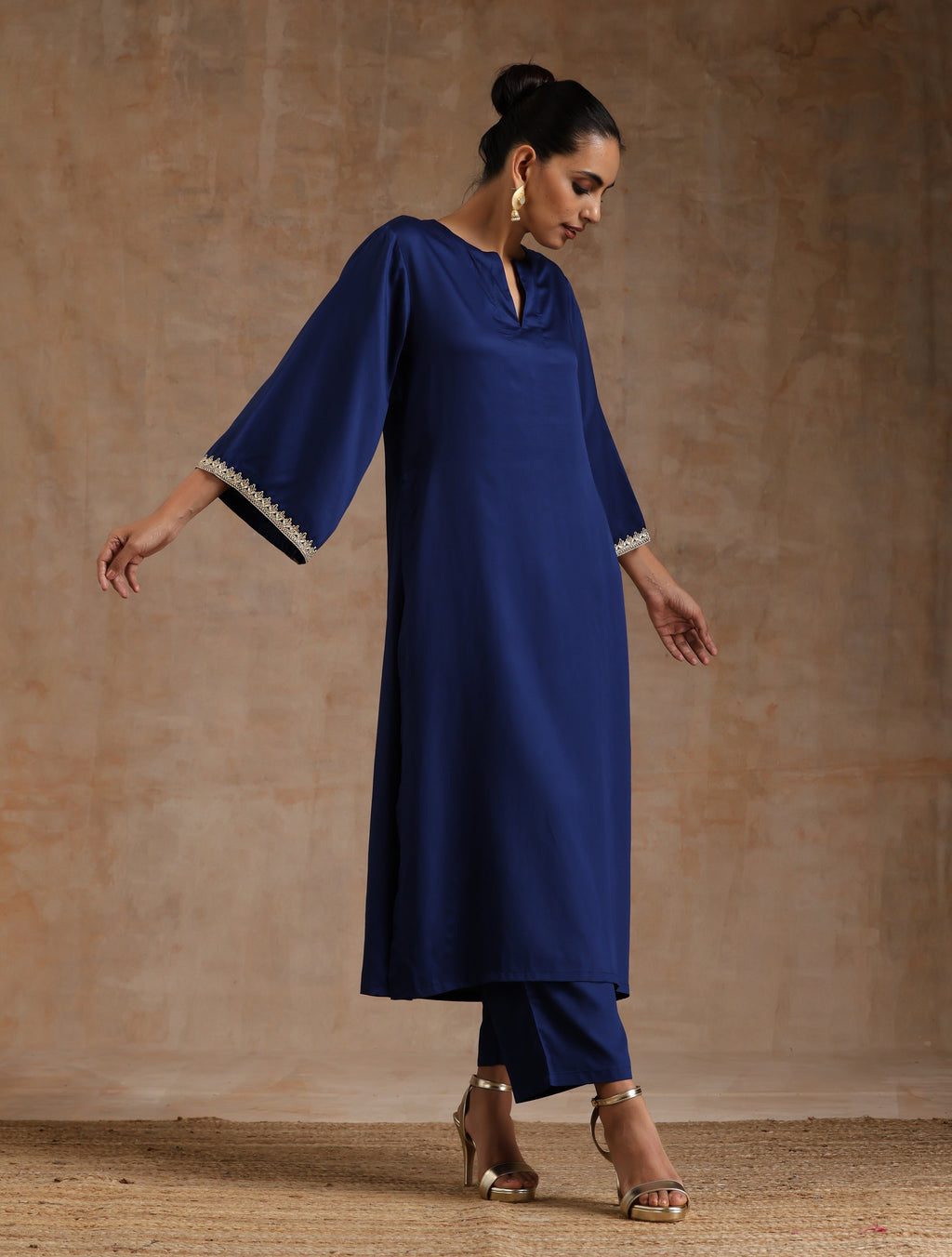 trueBrowns Midnight Blue Modal Satin Relax Kurta Set | Grocsy