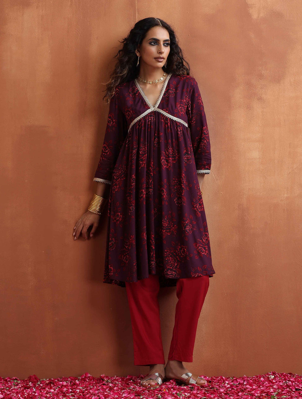 trueBrowns Purple Floral Print Anarkali Kurta Co-ord Set | Grocsy