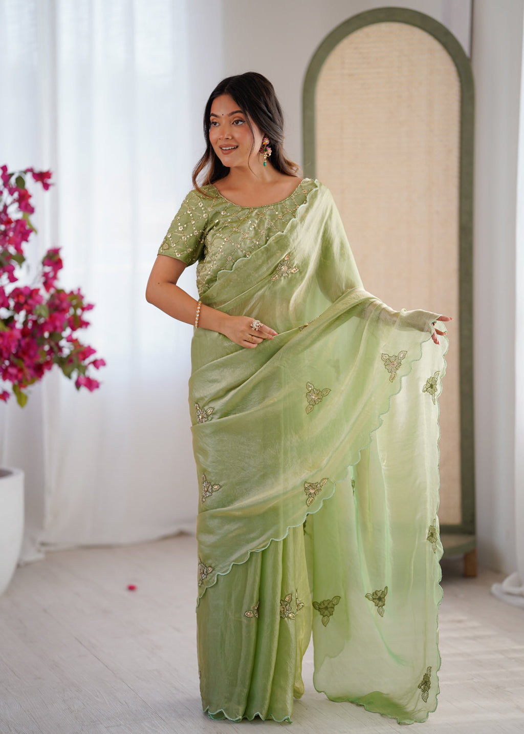 Evanik Designer Heavy Fendy Satin With Beads Embroidered Work Saree With Unstitched Blouse | Grocsy