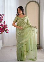 Evanik Designer Heavy Fendy Satin With Beads Embroidered Work Saree With Unstitched Blouse | Grocsy