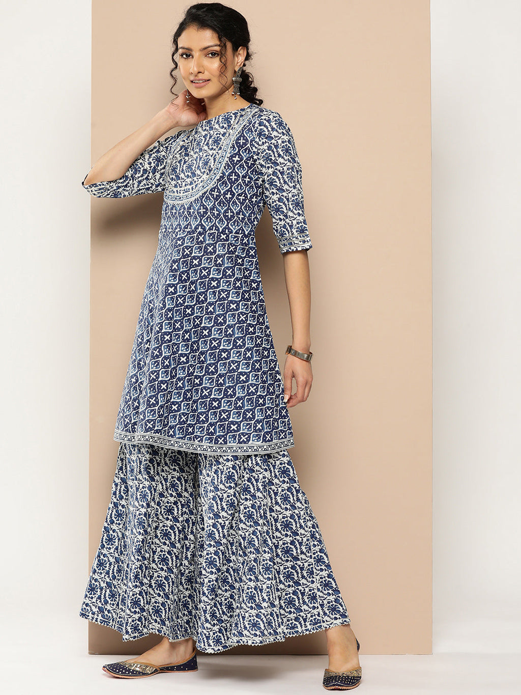 KSUT (House of Varanga) Indigo And White Floral Printed Flared Kurta Sharara Set | Grocsy