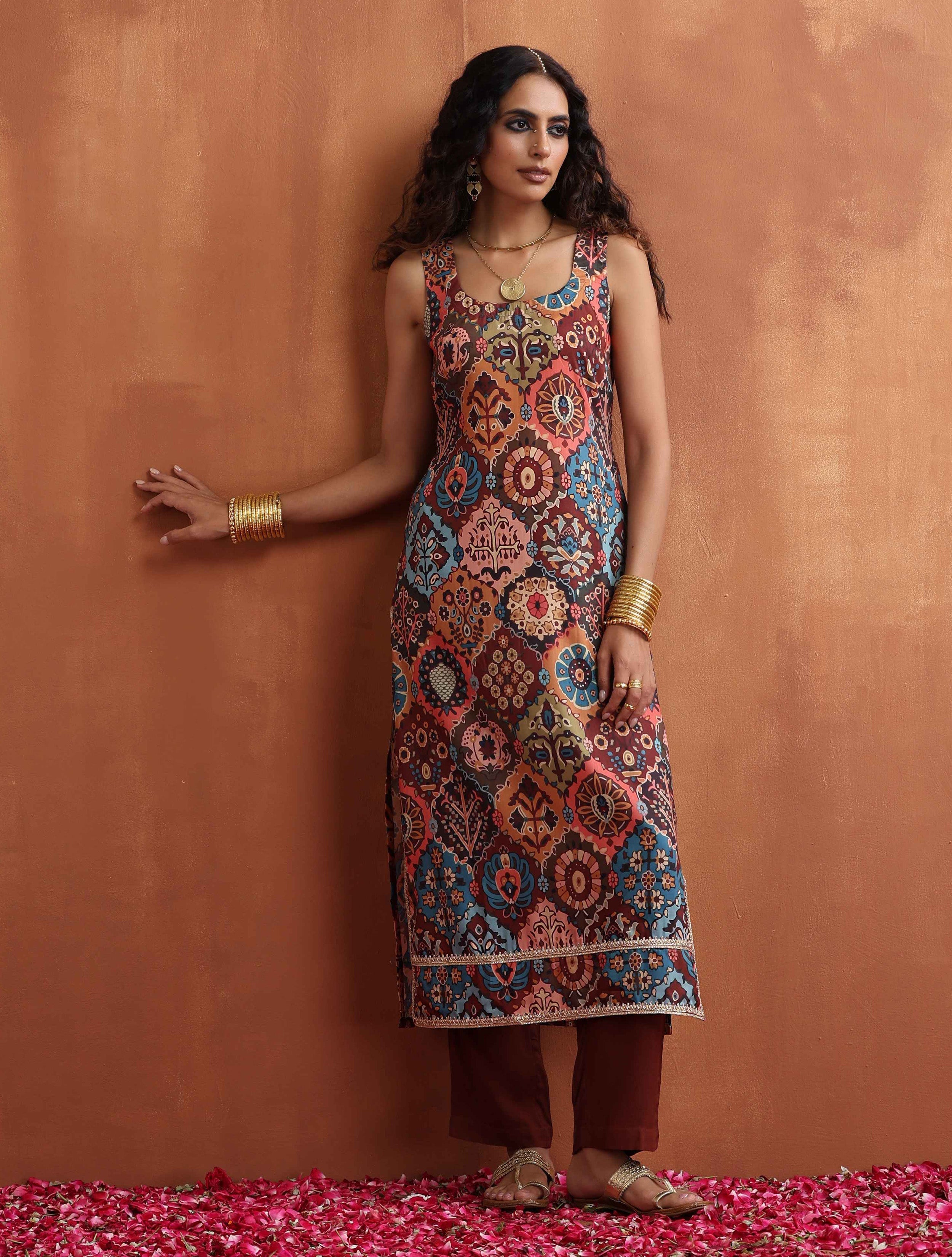 trueBrowns Cola Print Straight Kurta Set | Grocsy