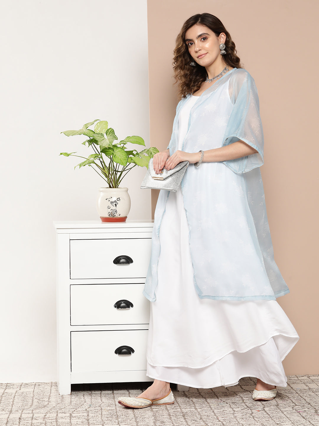 InWeave Women's Cream Strappy With Blue White Chintz Organza Cape | Grocsy