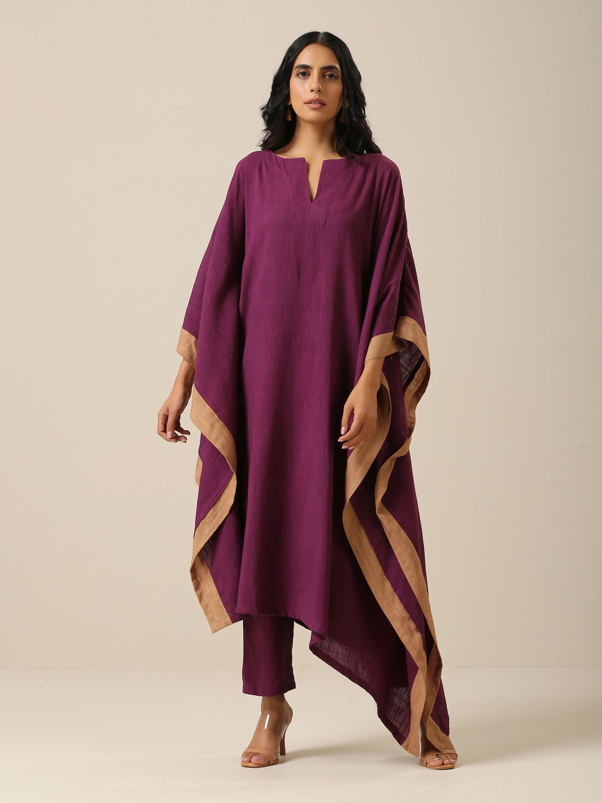 trueBrowns Plum Purple Slub Texture High Low Kaftan Pant Set | Grocsy