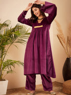 InWeave Women's Wine V Neck Asymmetrical Pleated Velvet Kurta Set | Grocsy