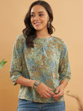 InWeave Women's Dull Green Leaf Floral Print Top | Grocsy