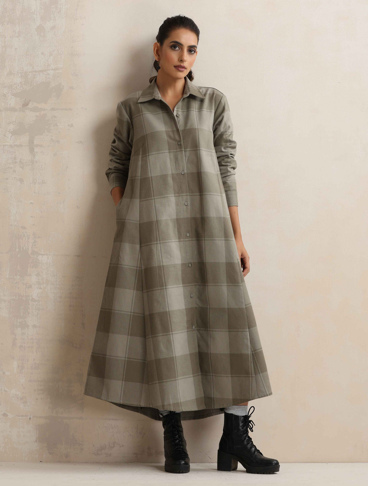 trueBrowns Green Check Flared Winter Dress | Grocsy