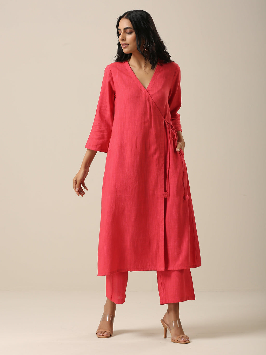 trueBrowns Bright Pink Slub Texture Angrakha Pant Set | Grocsy