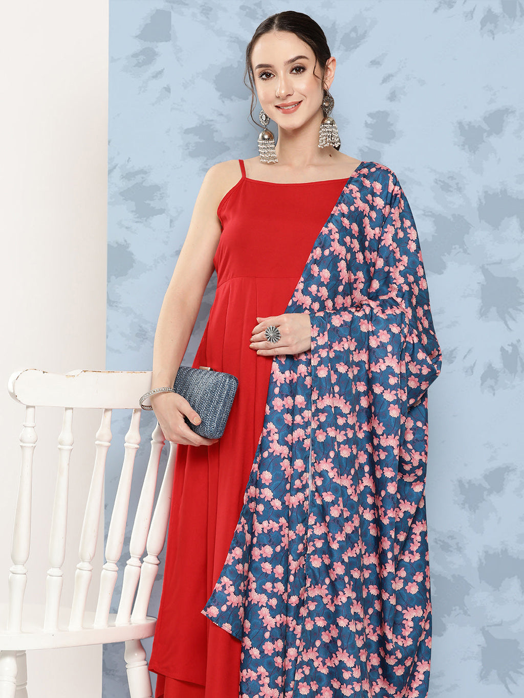 InWeave Women's Red Strappy Set W Navy Pink Lotus Cr Duptta | Grocsy