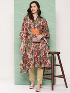 Ahalyaa Women Floral Printed Flared Sleeves Gotta Patti Crepe Kaftan Kurta | Grocsy