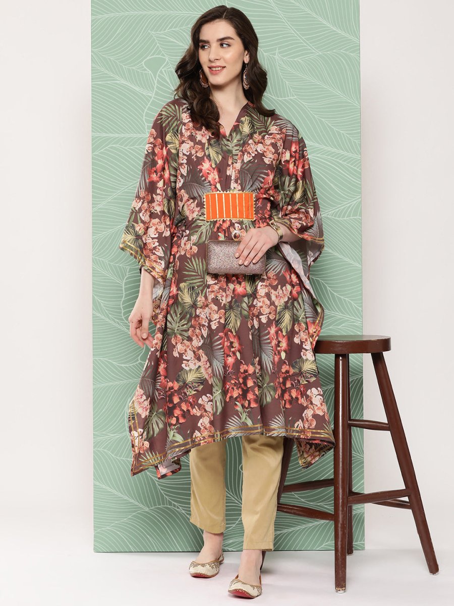 Ahalyaa Women Floral Printed Flared Sleeves Gotta Patti Crepe Kaftan Kurta | Grocsy