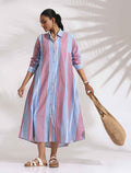 trueBrowns Blue Cotton Stripe Flared Shirt Dress | Grocsy