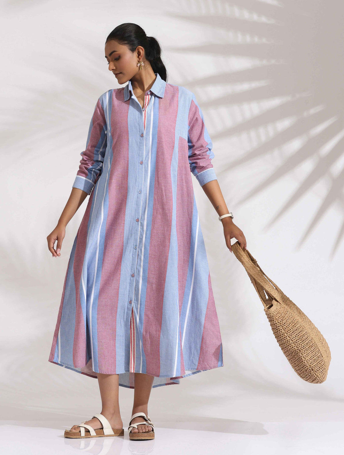 trueBrowns Blue Cotton Stripe Flared Shirt Dress | Grocsy