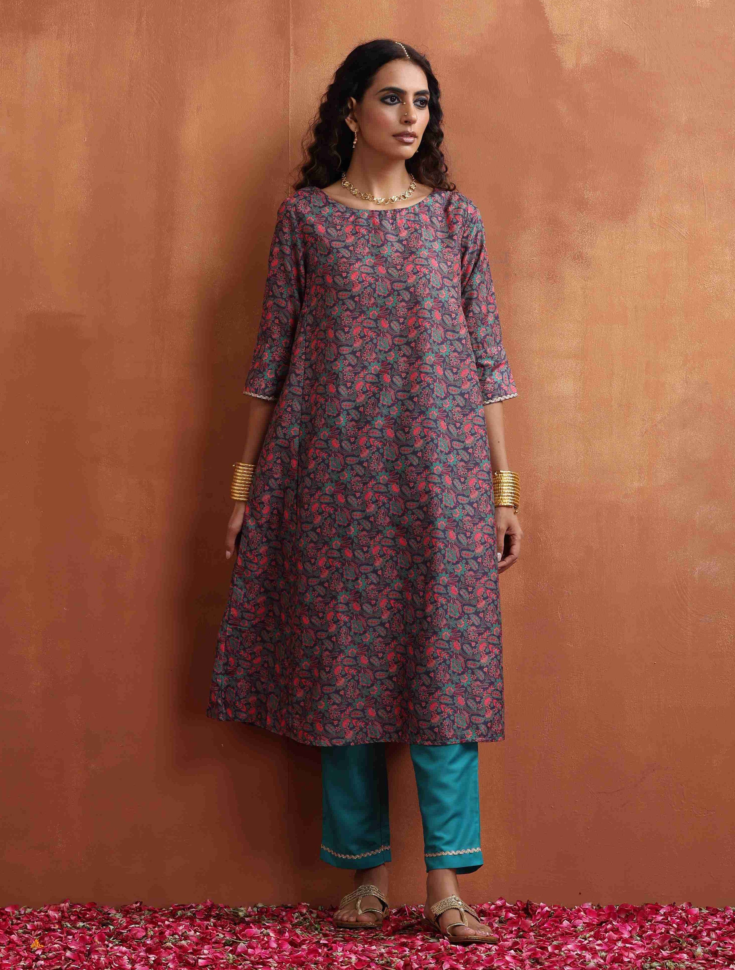 trueBrowns Purple Print A-line Kurta Set | Grocsy