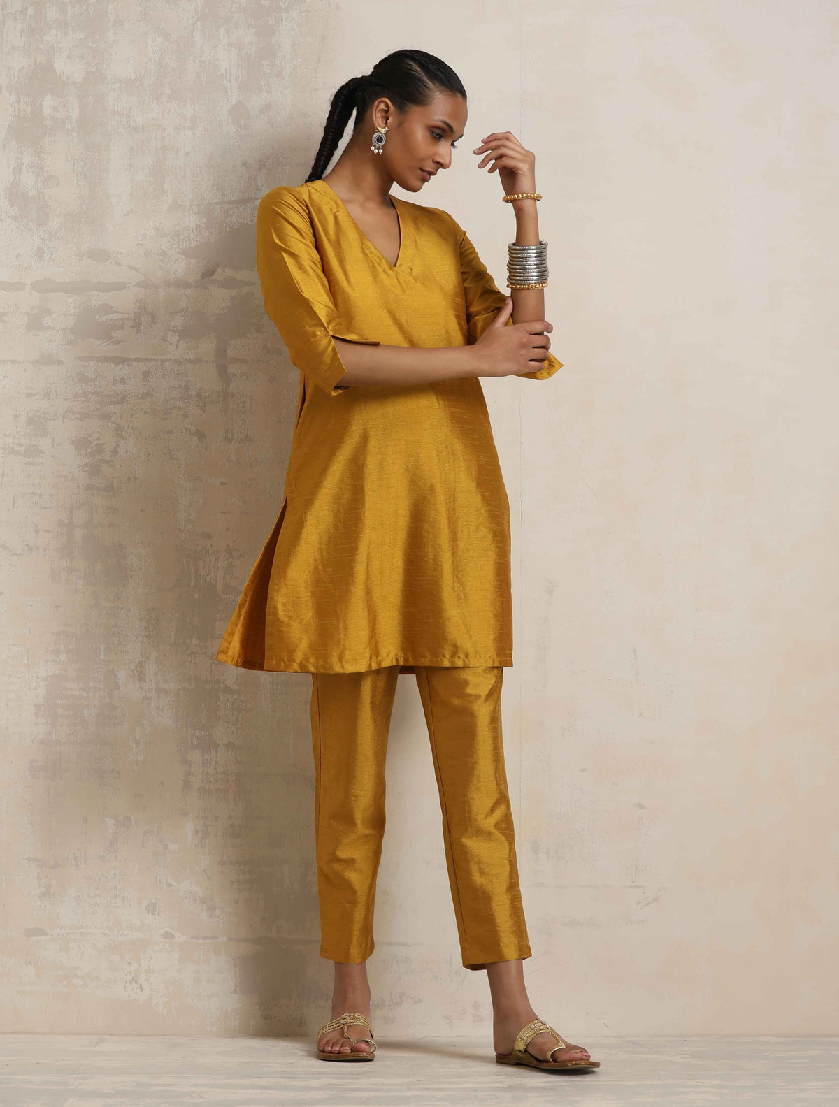 trueBrowns Gold Silk Kurta Co-ord Set | Grocsy