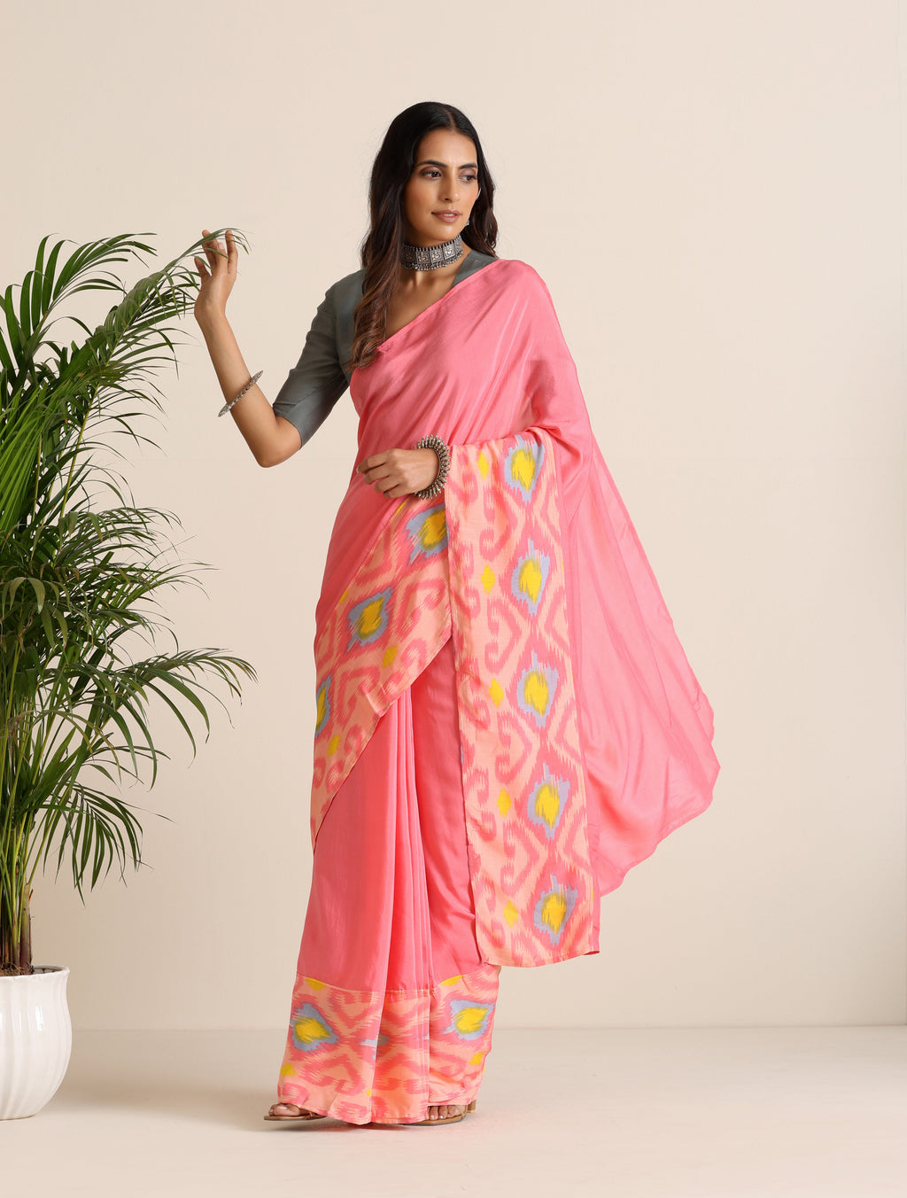 trueBrowns Pink Lime Muslin Ikat Saree | Grocsy